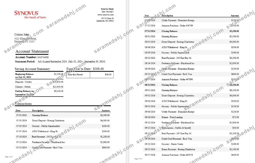 USA Synovus Bank statement Word and PDF template, 3 pages